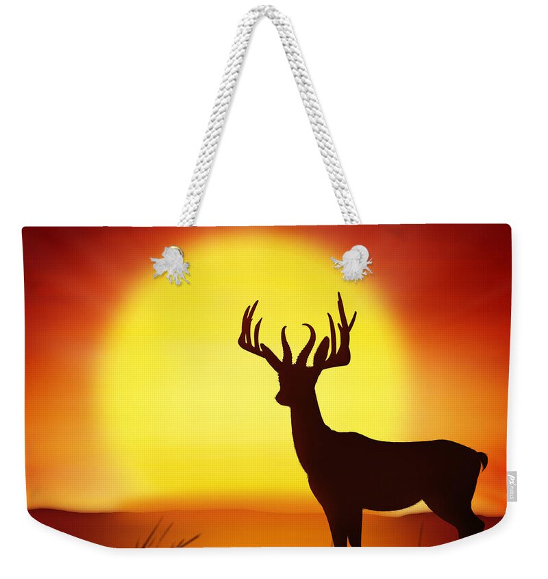 Animal Weekender Tote Bag featuring the photograph Silhouette Of Deer With Big Sun by Setsiri Silapasuwanchai