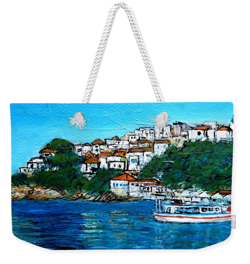 Greece Weekender Tote Bag featuring the painting Skiathos Greece No2 by Jackie Sherwood