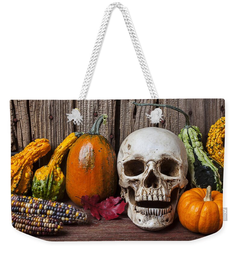Skull Weekender Tote Bag featuring the photograph Skull and gourds by Garry Gay