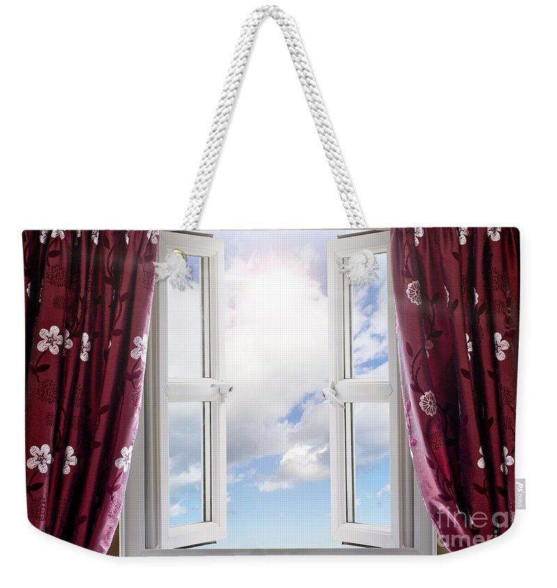 Window Weekender Tote Bag featuring the photograph Sky view through open window by Simon Bratt