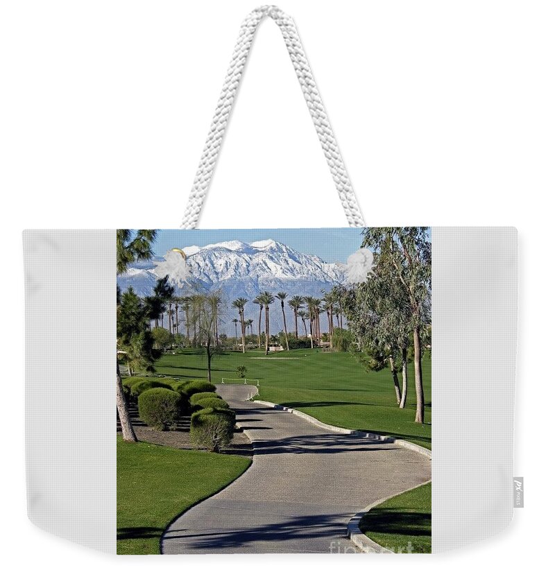 Palm Desert Weekender Tote Bag featuring the photograph Snow Capped Mountains in the Desert by Phyllis Kaltenbach