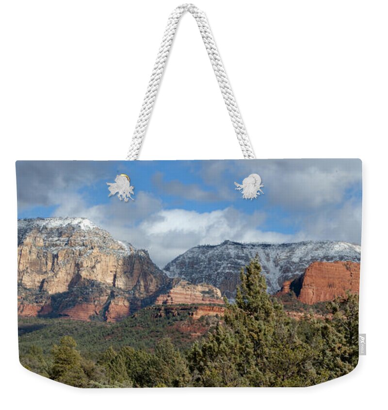 Southwest Weekender Tote Bag featuring the photograph Snowy Sedona Afternoon by Sandra Bronstein