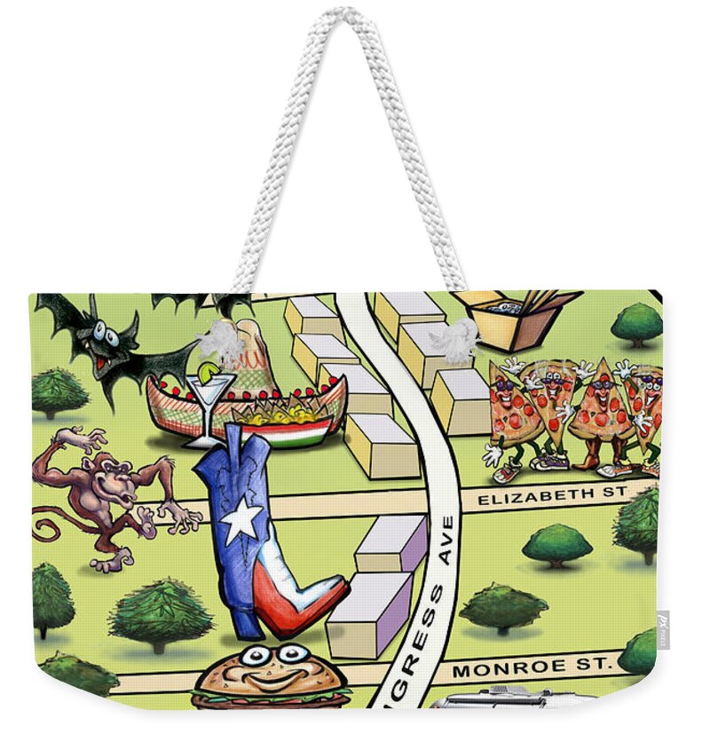 Soco Weekender Tote Bag featuring the painting SOCO South Congress Ave ATX Cartoon Map by Kevin Middleton