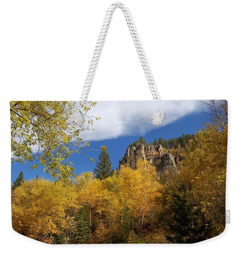 Spearfish Weekender Tote Bag featuring the photograph Spearfish Canyon Fortress in Rock by Greni Graph