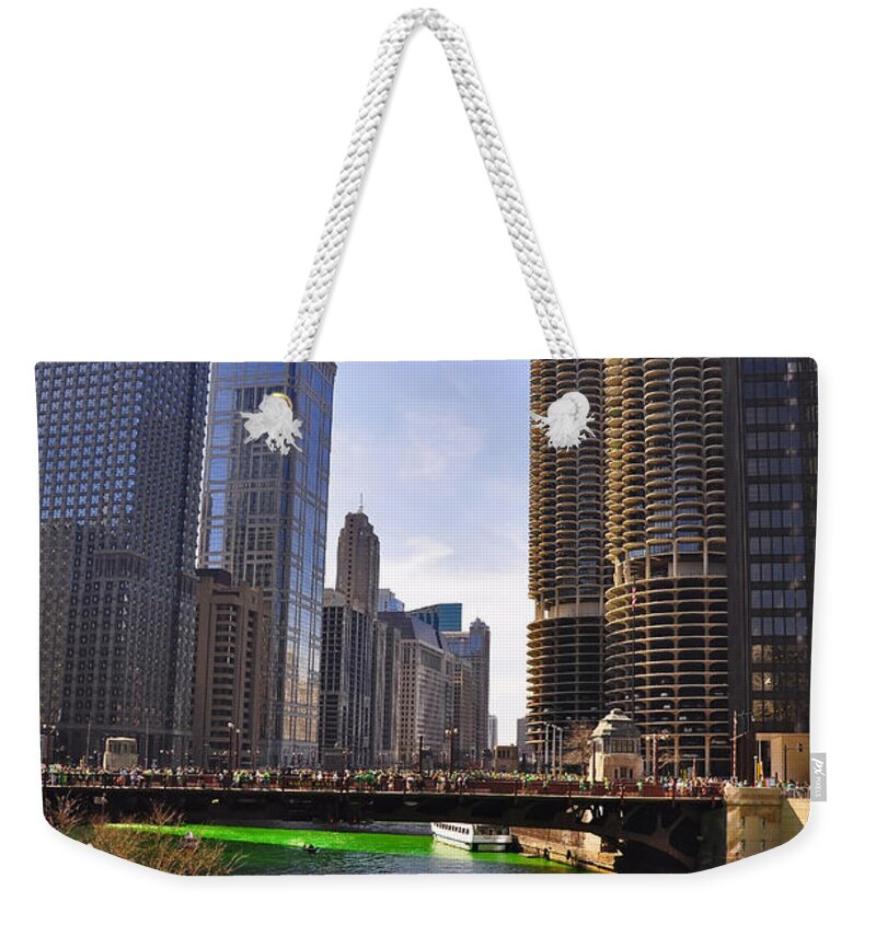 Wrigley Tower Chicago Weekender Tote Bag featuring the photograph St Patrick's Day Chicago by Dejan Jovanovic