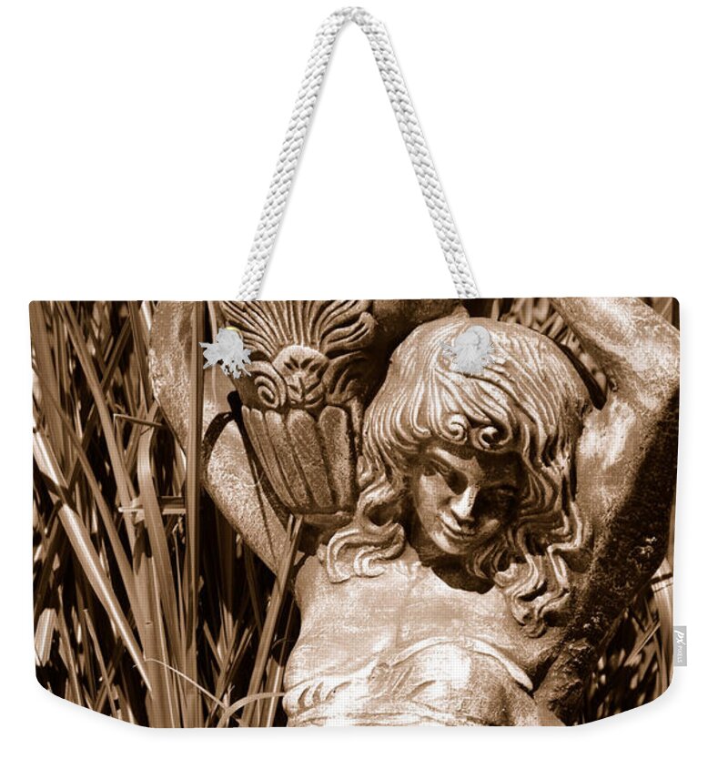 Statue Greek Goddess Water Jug Reeds Concrete Woman Weekender Tote Bag featuring the photograph Statuesqe Reeds by Holly Blunkall