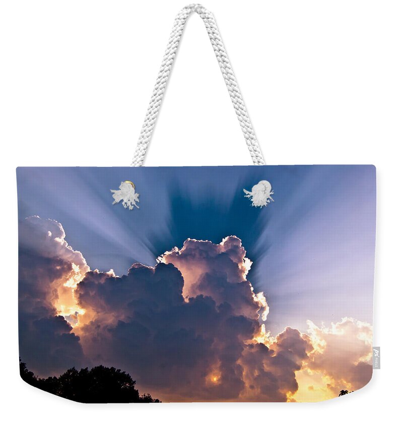 Sun Weekender Tote Bag featuring the photograph Sun Rays and Clouds by Amber Flowers