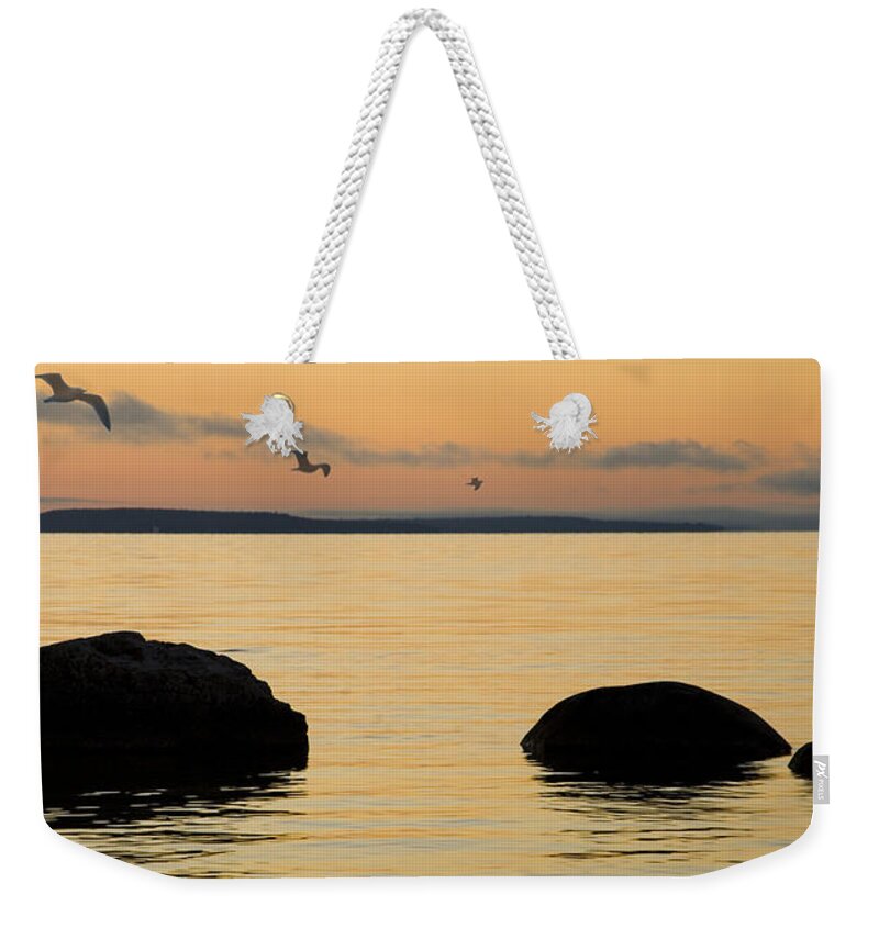 Sunrise Weekender Tote Bag featuring the photograph Sunrise with Gulls at St. Ignace Michigan by Randall Nyhof