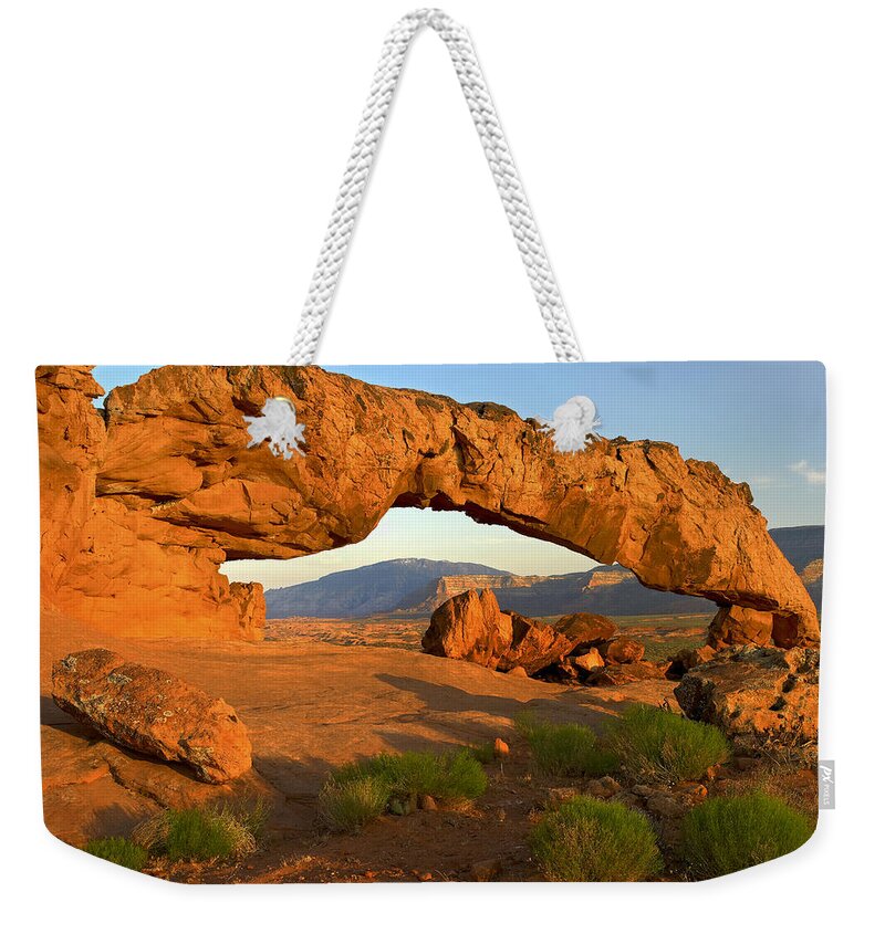 00175254 Weekender Tote Bag featuring the photograph Sunset Arch Escalante National Monument by Tim Fitzharris