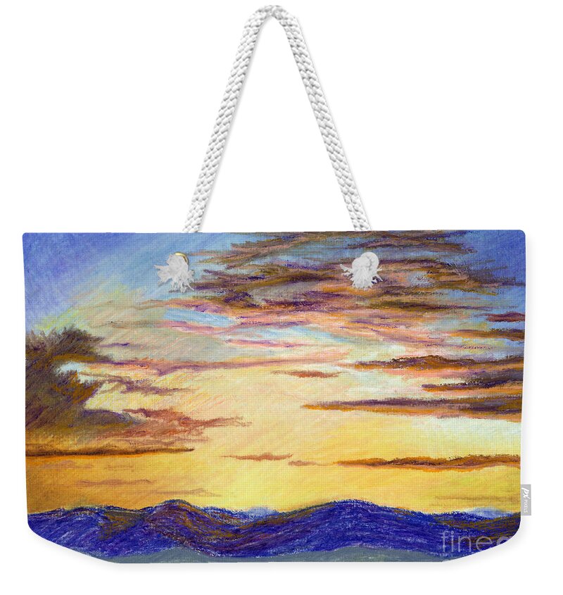Spiritual Light Sunset Over Preseli Mountains Weekender Tote Bag featuring the pastel Spiritual Light Sunset Over Presili Mountains Oil Pastel Painting by Edward McNaught-Davis