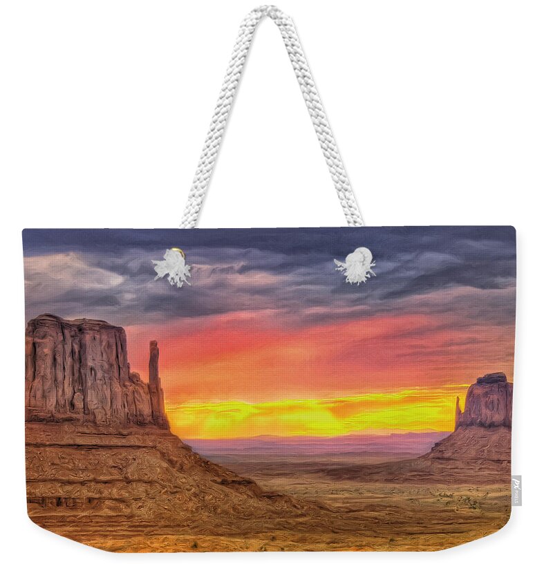 Sunset Weekender Tote Bag featuring the painting Sunset Storm at Monument Valley by Dominic Piperata