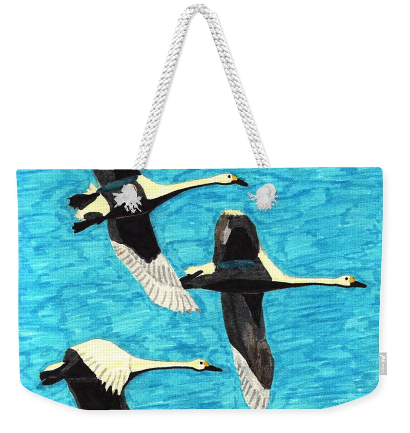 Colored Markers Weekender Tote Bag featuring the mixed media Swans in Flight by Wendy McKennon