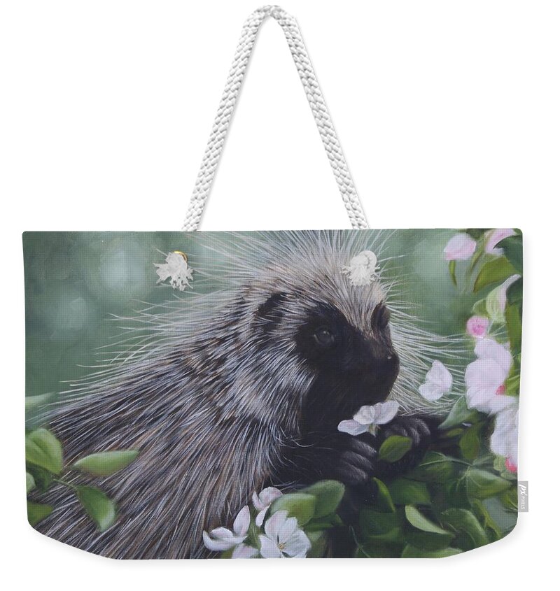 Porcupine In Apple Tree Weekender Tote Bag featuring the painting Sweet Treat by Tammy Taylor