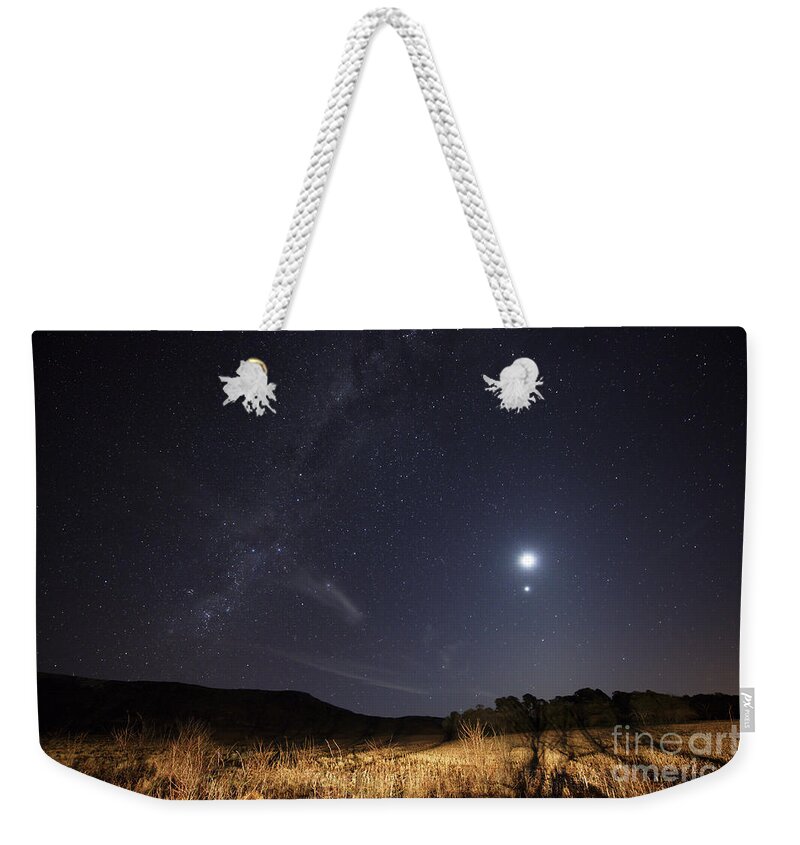 Countryside Weekender Tote Bag featuring the photograph The Milky Way, The Moon, Venus by Luis Argerich