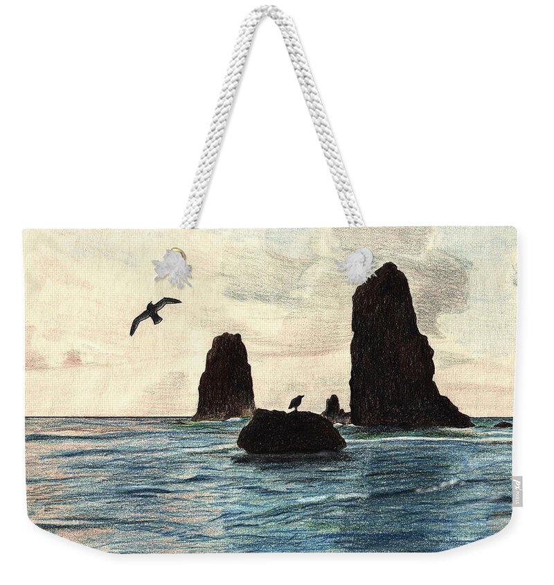 Coastal Rocks Weekender Tote Bag featuring the mixed media The Needles by Wendy McKennon