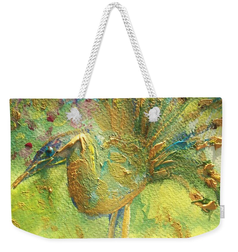 Peacock Weekender Tote Bag featuring the painting The peacock of the Golden court by Judith Desrosiers