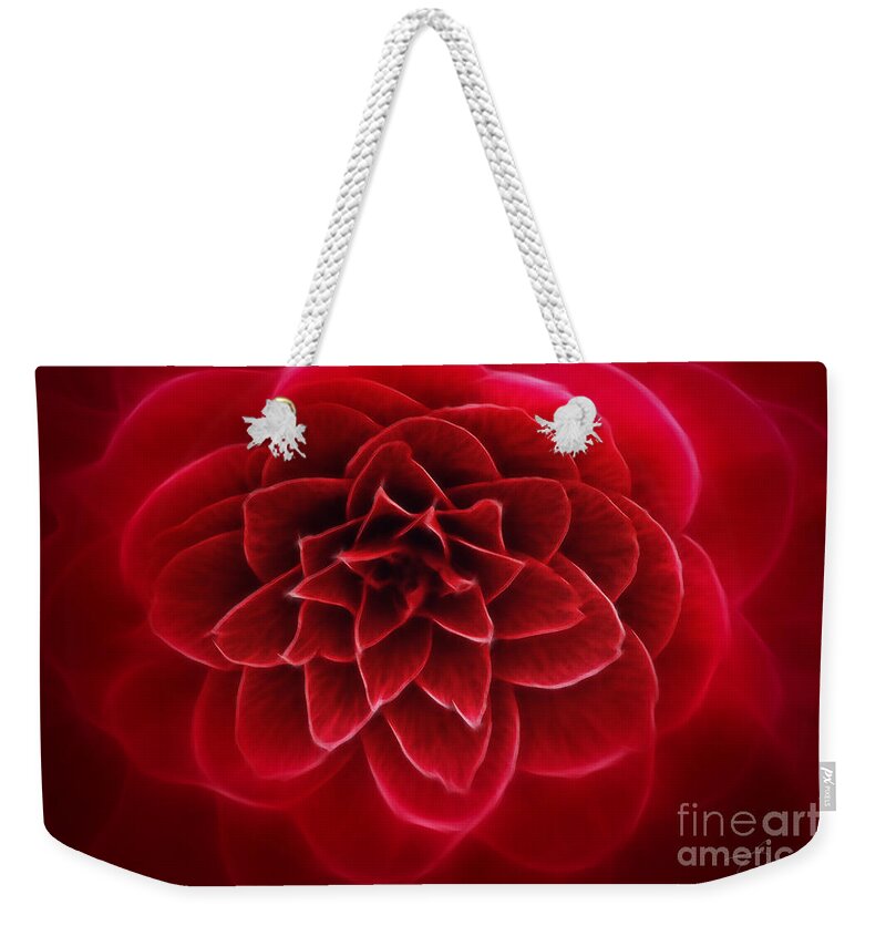 Red Camellia Weekender Tote Bag featuring the photograph The Queen of seduction by Danuta Bennett