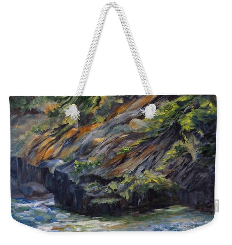 Shoreline Weekender Tote Bag featuring the painting The Whiteshell Shoreline by Jo Smoley