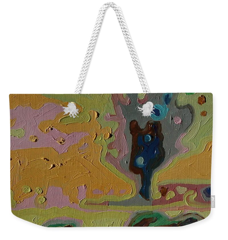 Pastoral Rural Scene With Three Cows And A Tree In Abstract Or Impressionist Style In Muted Colors Weekender Tote Bag featuring the painting Three Cows and a Tree xix by Thomas Bertram POOLE
