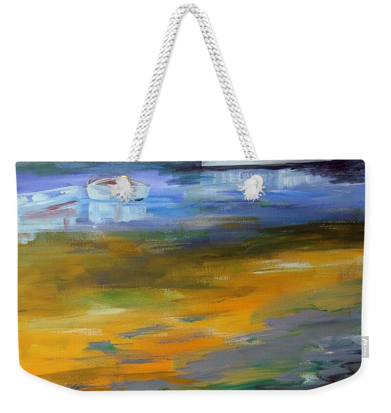 Boats Weekender Tote Bag featuring the painting Three in a row by Julie Lueders 