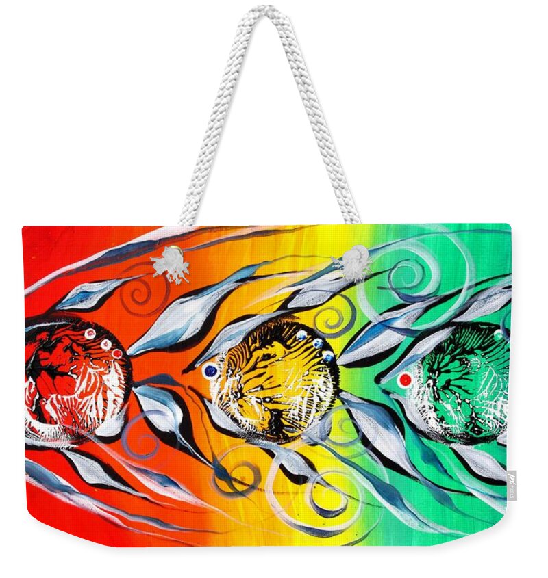 Fish Weekender Tote Bag featuring the painting Three in a Row ... Three by J Vincent Scarpace