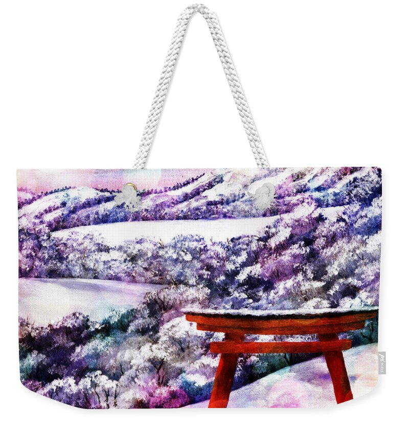 Fantasy Weekender Tote Bag featuring the digital art Torii in Rainbow Snowfall by Laura Iverson