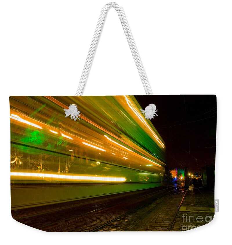 Yhun Suarez Weekender Tote Bag featuring the photograph Tram Light Trail 4.0 by Yhun Suarez