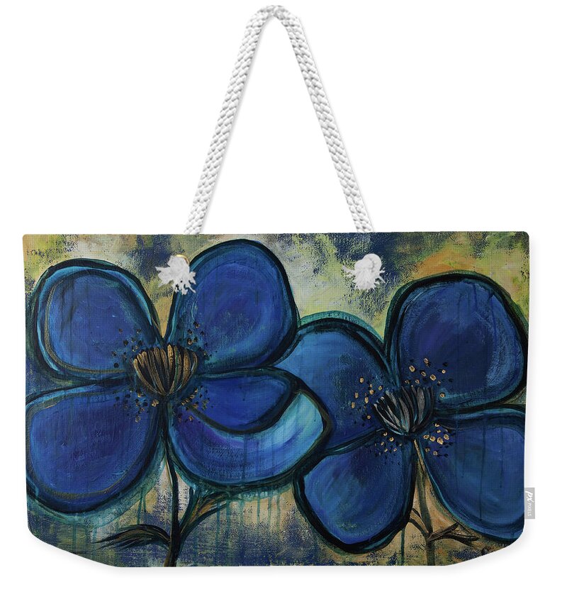 Poppies Weekender Tote Bag featuring the painting Two Blue Poppies by Laurie Maves ART