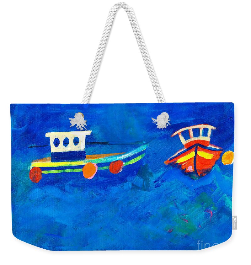 Painting Weekender Tote Bag featuring the painting Two fishing boats at sea by Simon Bratt
