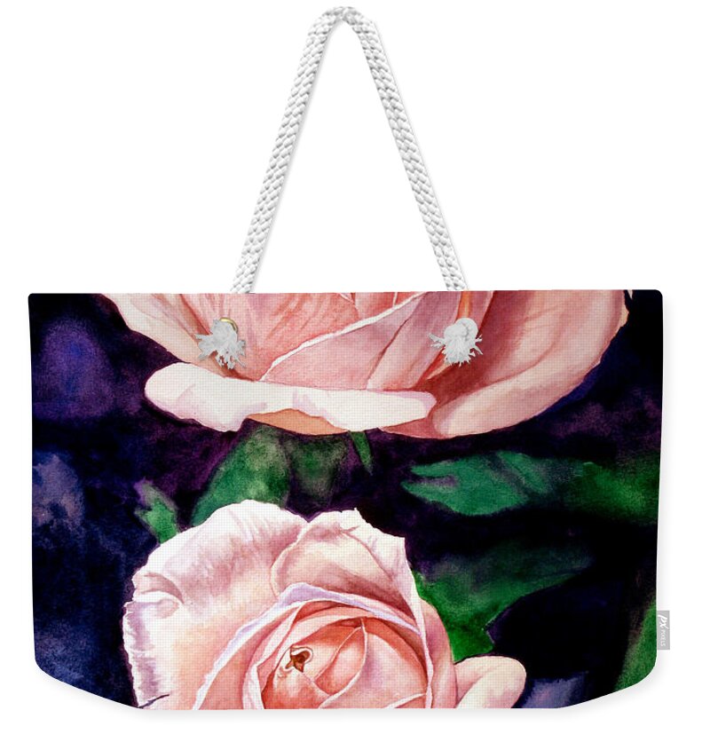 Rose Weekender Tote Bag featuring the painting Two Roses by Christopher Shellhammer