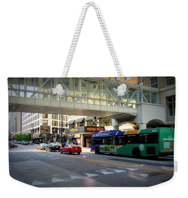 Milwaukee Weekender Tote Bag featuring the photograph Under the Skywalk - Bus by Anita Burgermeister
