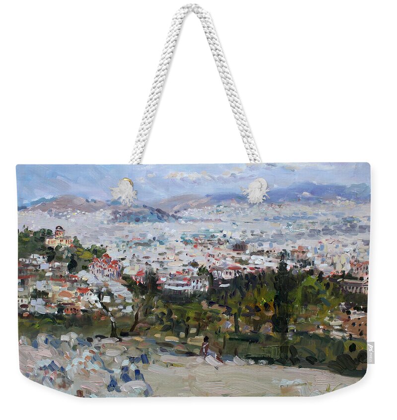 Athens Weekender Tote Bag featuring the painting View of Athens from Acropolis by Ylli Haruni