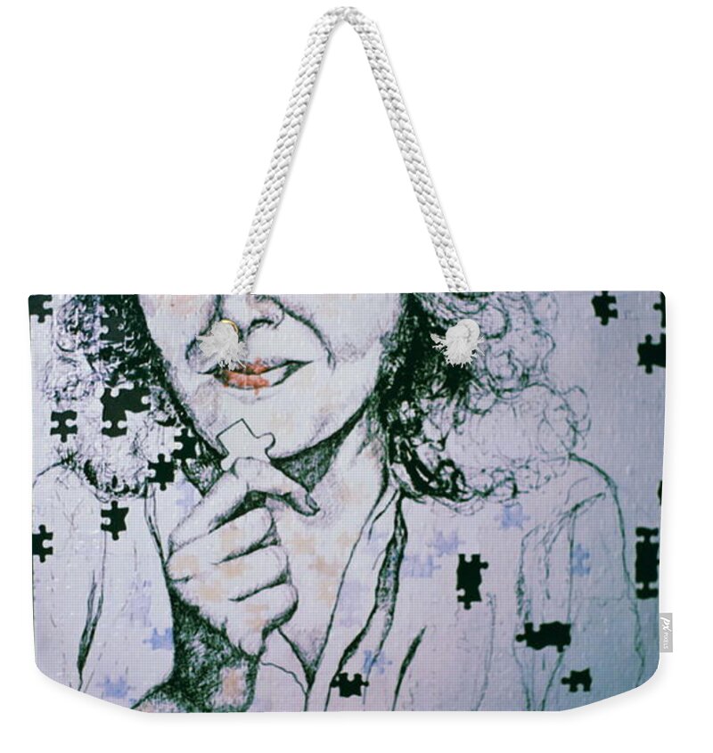 Self-portrait Weekender Tote Bag featuring the mixed media Where Does The Next Piece Go? by Rory Siegel