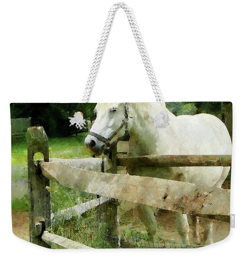 Horse Weekender Tote Bag featuring the photograph White Horse in Paddock by Susan Savad