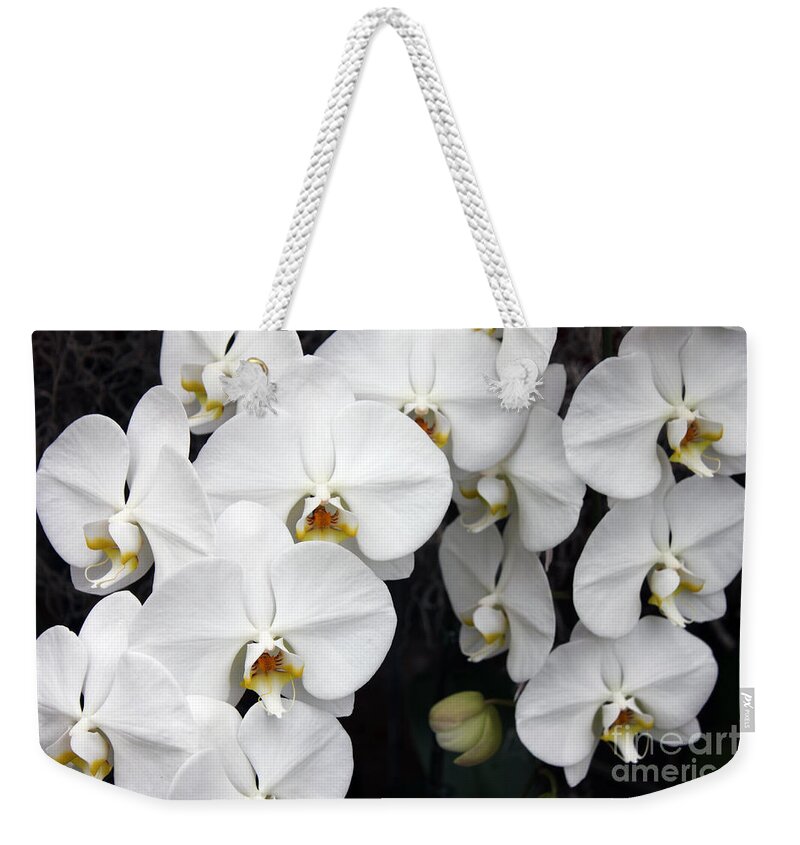 White Weekender Tote Bag featuring the photograph White Orchids by Debbie Hart