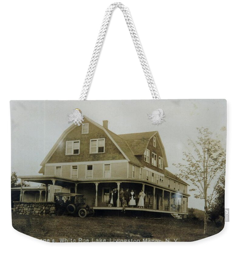 White Roe Weekender Tote Bag featuring the photograph White Roe Boarding House-Owner E Keene prior to my Grandfather. Circ 1900s by Ericamaxine Price