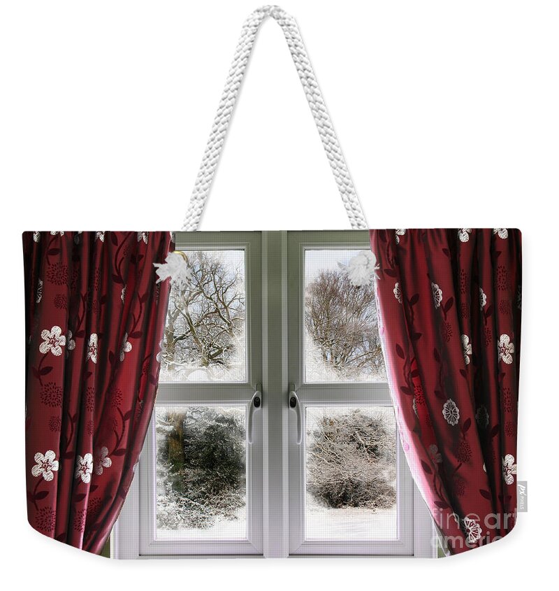 Window Weekender Tote Bag featuring the photograph Window view to a snow scene by Simon Bratt