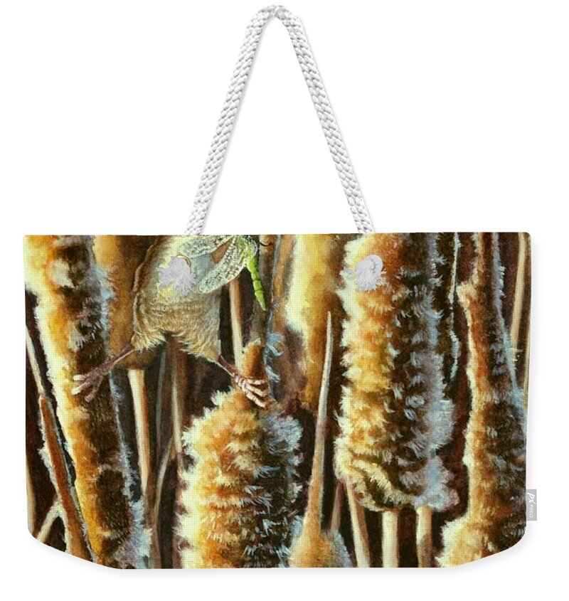 Wren Weekender Tote Bag featuring the painting Wren and Cattails 2 by Greg and Linda Halom