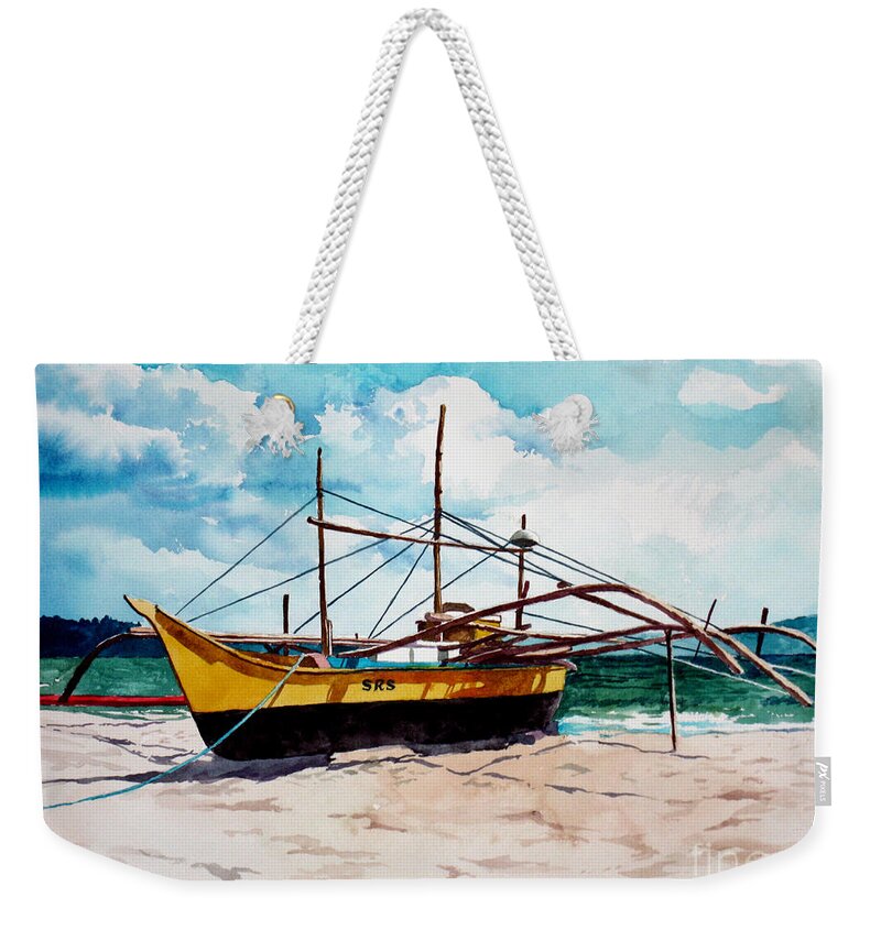 Boat Weekender Tote Bag featuring the painting Yellow Boat Docking on the Shore by Christopher Shellhammer