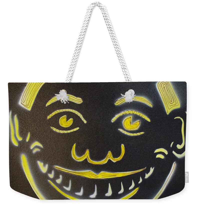 Tillie Of Asbury Park Weekender Tote Bag featuring the painting Yellow on Black Tillie by Patricia Arroyo