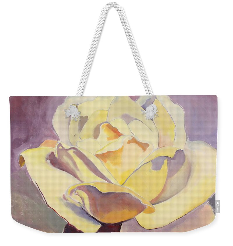 Acrylic Painting Weekender Tote Bag featuring the painting Yellow Rose-1-Posthumously presented paintings of Sachi Spohn by Cliff Spohn