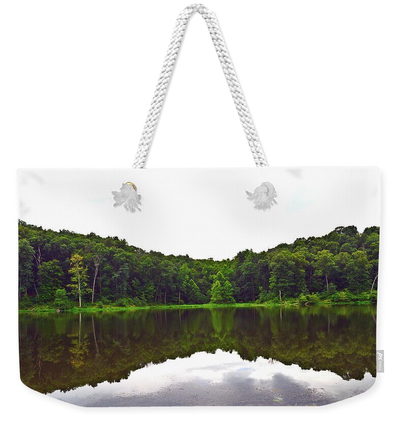 Forest Water Reflection. Green Weekender Tote Bag featuring the photograph Ferdinand Forest Reflection by Stacie Siemsen