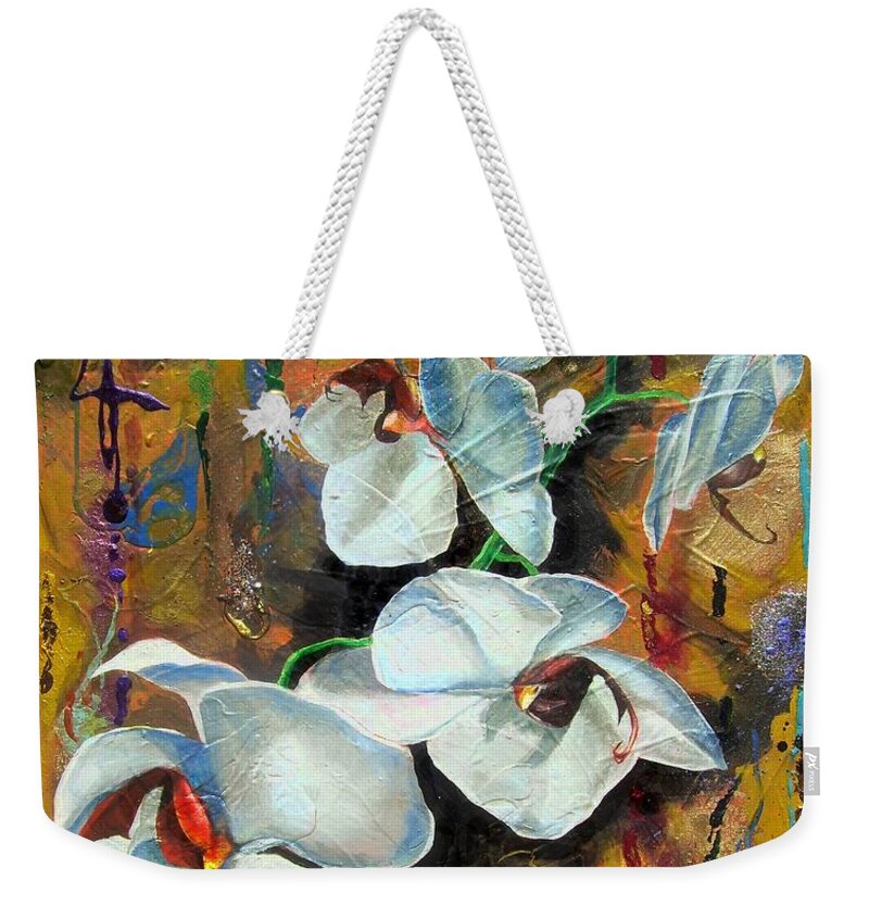 Flowers Weekender Tote Bag featuring the painting Orchid YO by Laura Pierre-Louis