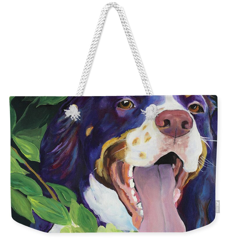 Dog Painting Weekender Tote Bag featuring the painting Peek-A-Boo by Pat Saunders-White