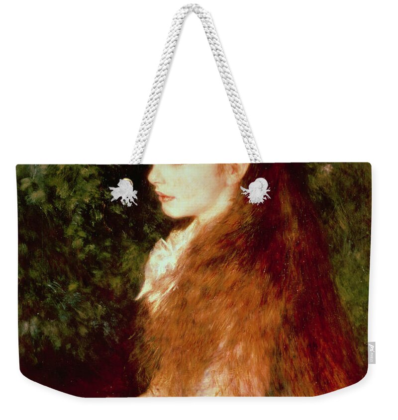 Impressionist; Girl; Young; Sister; Anvers Weekender Tote Bag featuring the painting Portrait of Mademoiselle Irene Cahen d'Anvers by Pierre Auguste Renoir