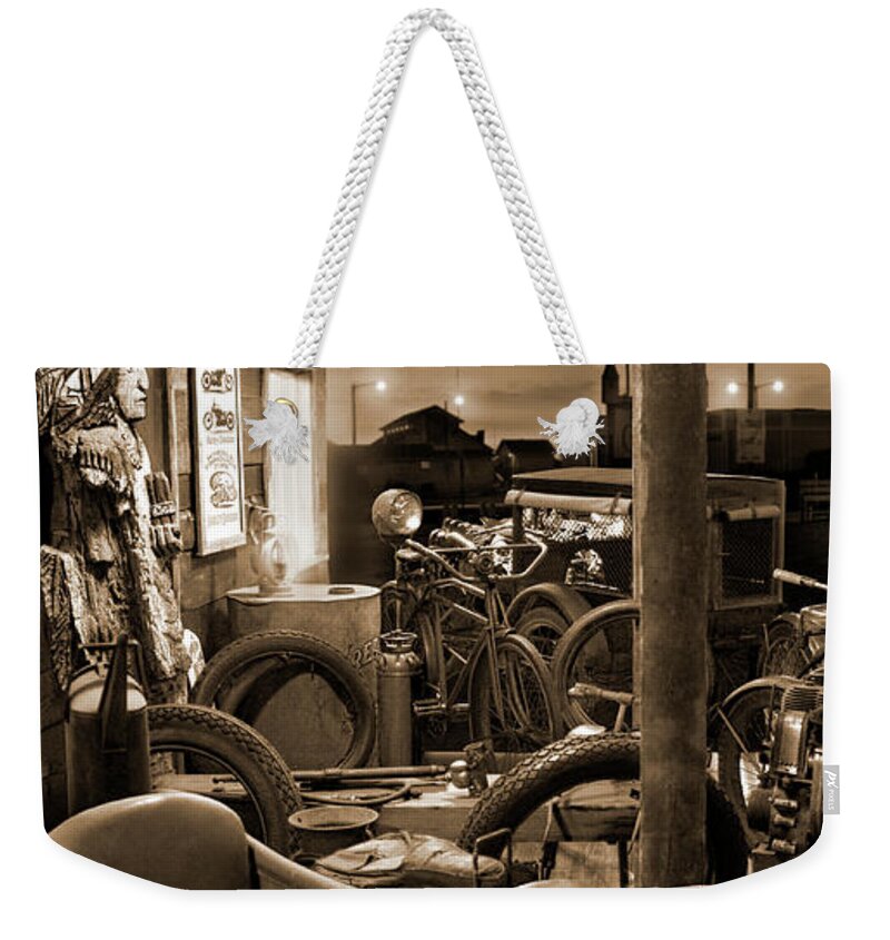 Motorcycle Shop Weekender Tote Bag featuring the photograph The Motorcycle Shop by Mike McGlothlen