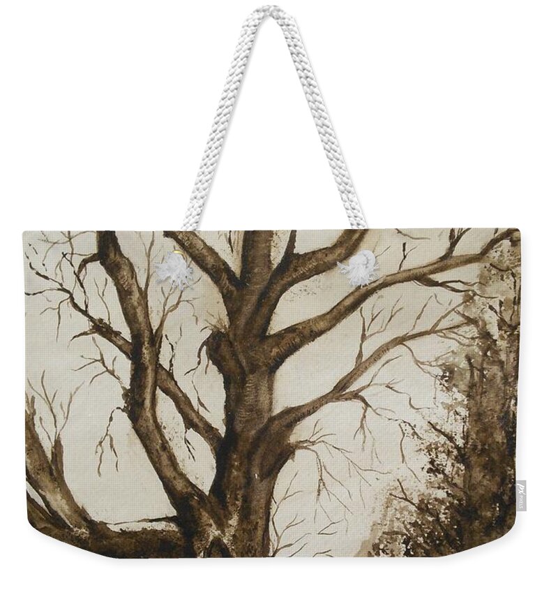  Monochomatic Weekender Tote Bag featuring the painting Tree in Sepia-One Dead Tree by Susan Nielsen