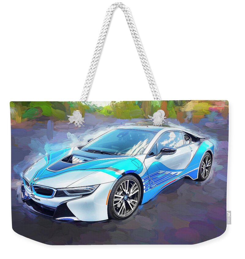 2015 Bmw Weekender Tote Bag featuring the photograph 2015 BMW I8 HYBRID Sports Car #1 by Rich Franco