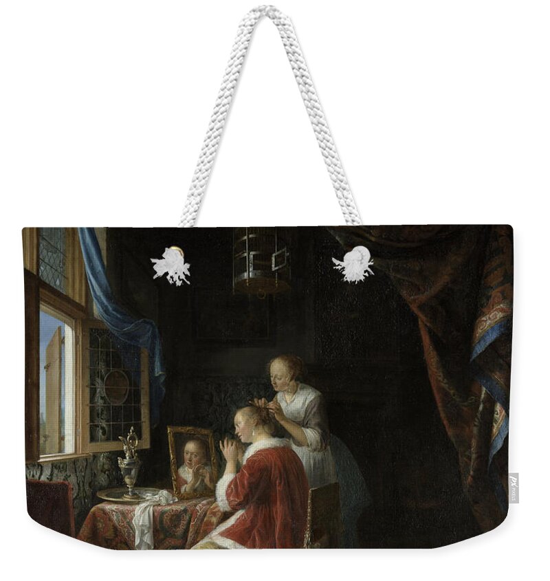 A Young Woman At Her Toilet Weekender Tote Bag featuring the painting A Young Woman at Her Toilet #1 by Celestial Images