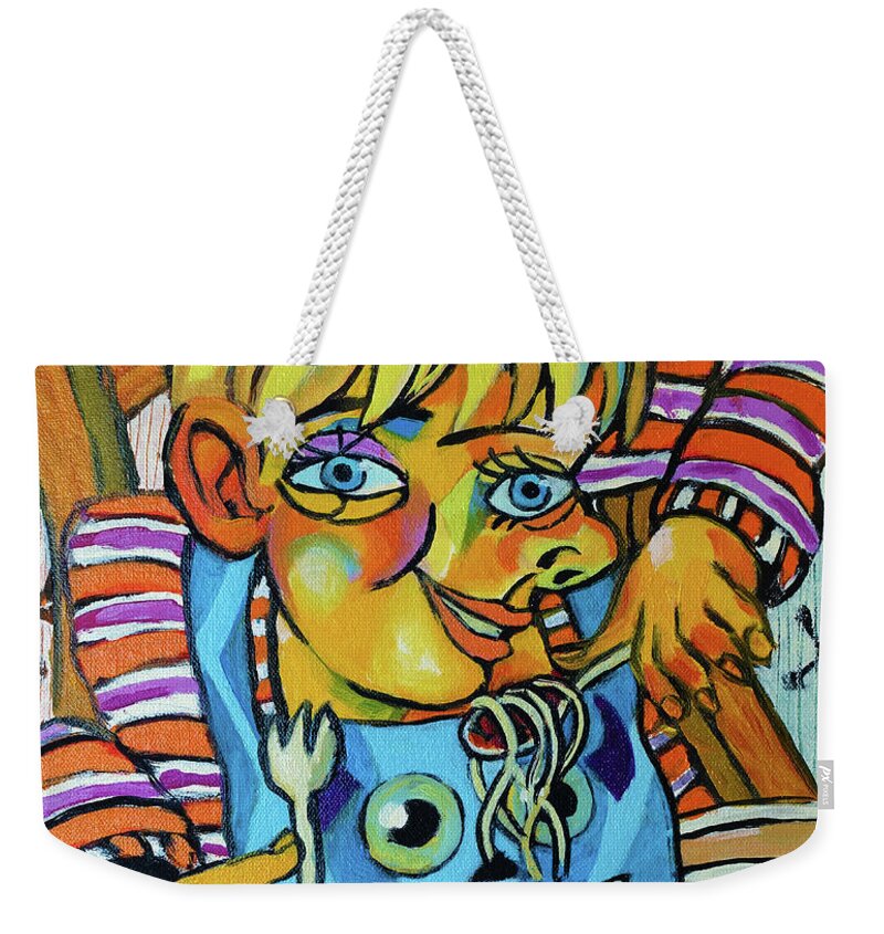 Alfie Weekender Tote Bag featuring the drawing Alfie with spaghetti by Peregrine Roskilly